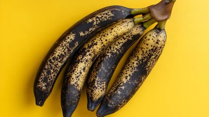 Ripe bananas with dark spots on a vibrant yellow background, ideal for food photography