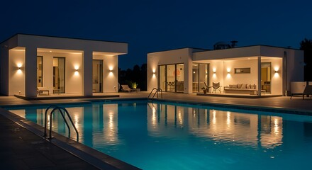 Fototapeta premium Modern houses with a swimming pool illuminated at night reflecting lights in the clear blue water