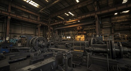 Interior view of a manufacturing plant with heavy machinery and equipment.