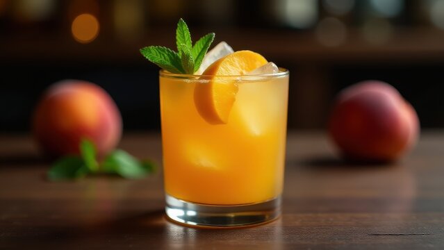 Refreshing peach cocktail served with ice, peach slices, and mint in a short glass on a rustic wooden surface, blending fruity flavor and cozy bar atmosphere.