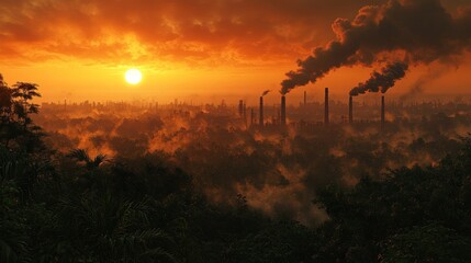 Dystopian Sunrise Industrial haze shrouds verdant landscape Towers spew smoke against fiery sky