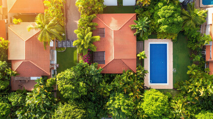 Aerial view showcases a beautiful residential area with terracotta roofs, lush tropical greenery, and a sparkling blue swimming pool on a sunny afternoon day.