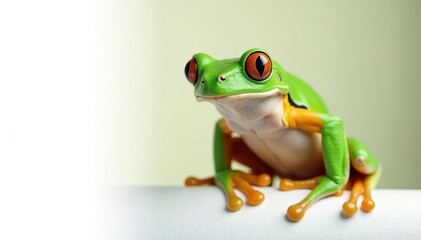 Obraz premium Green tree frog perched on white, vibrant skin, fauna, isolated, white background