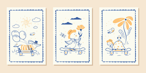 A set of modern hand-drawn posters. Vector illustrations with funny animals on a skateboard.