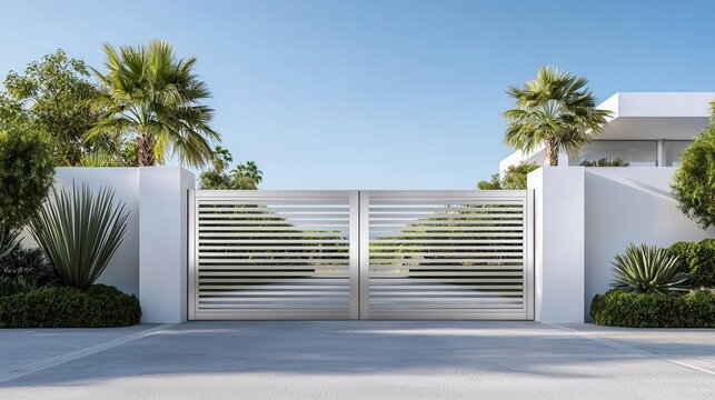 Architectural stainless steel swing gate with geometric cutouts, seamless automated hinges, and a luxury minimalist appeal
