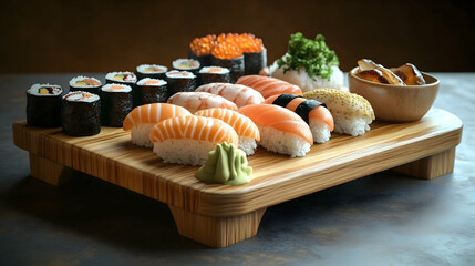 A delectable assortment of sushi, meticulously arranged on a wooden board.  The vibrant colors and textures of the various pieces create a visually stunning culinary masterpiece.