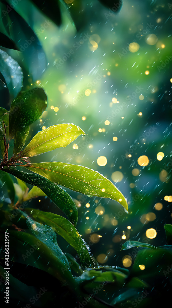 Poster green leaves glistening with raindrops, illuminated by soft golden bokeh, creating a serene and refr