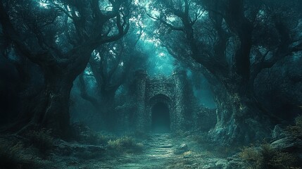 Mystical forest path leads to ancient ruins. Lush overgrown trees surround a stone archway in a deep, shadowy forest. Fog hangs heavy in the air