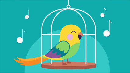 A curious parakeet sings along to upbeat tunes from an AIbased pet mood enhancer perched on a colorful swing in his birdcage.. Vector illustration