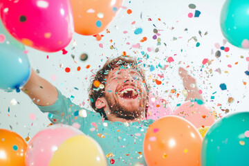 Young man relaxing with party balloons in pastel colors all around her. The concept of youth, happiness, and the charm of a special occasion.