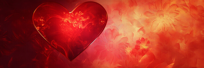Stylized heart illustration over vintage red flower texture with dreamy glow. The artwork captures a romantic mood perfect for love, tenderness, or Valentine's design.