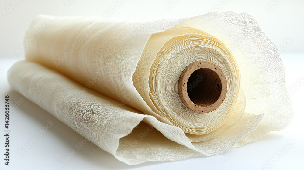 Poster roll of organic cotton fabric with sharp folds and textured surface is displayed, showcasing its nat