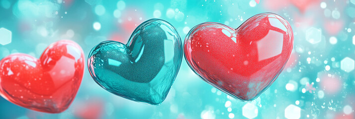 Colorful hearts floating in sparkling light. The concept of love, passion and beauty in a dreamy abstract vision.
