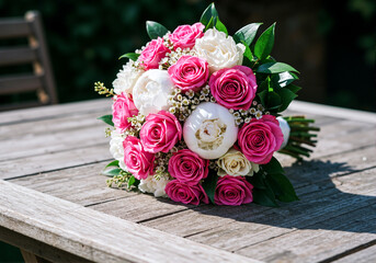 Elegant Wedding Flower Bouquet on Rustic Table