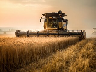 Fototapeta premium Powerful combine harvester working in golden wheat field at sunset, symbolizing harvest season and agricultural productivity. Ideal for farming publications, agricultural equipment ads, and rural life