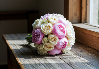 Elegant Wedding Flower Bouquet on Rustic Table
