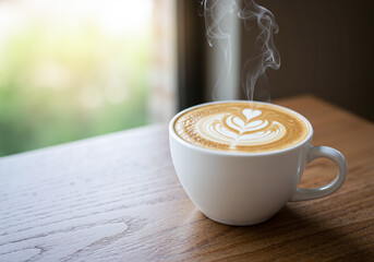 Steaming Coffee Cup Latte Art Wooden Table