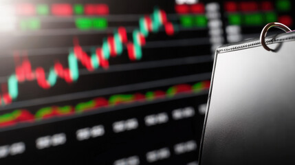 The fluctuating stock market data is displayed in the background with an unfocused blank calendar in the foreground, creating a business concept about time.