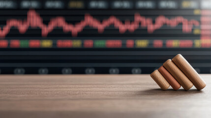 Financial market decline is illustrated by wooden blocks arranged to suggest falling chart against the background of a blurry financial chart on a screen.