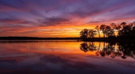 Serene sunset reflecting on calm lake with trees  