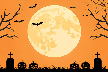 Halloween Night Scene with Full Moon Bats Pumpkins and Gravestones
