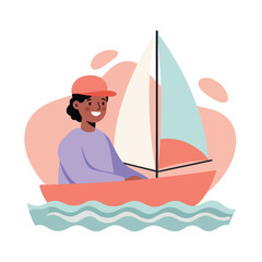 Young person sailing small sailboat on water with colorful sails and casual clothing vector illustration 