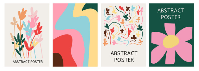 Background Poster Set with Abstract Waves, Floral Spring Botanical Leaves, Flowers and Plants. Colourful Modern Minimalist Art Design Template Collection