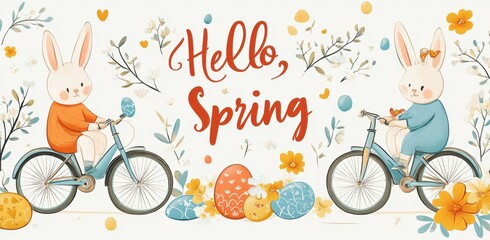 Naklejka premium Charming cartoon design featuring bunnies riding electric bicycles surrounded by flowers and Easter eggs celebrating the arrival of spring