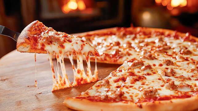 slace of tasty pizza on wooden table