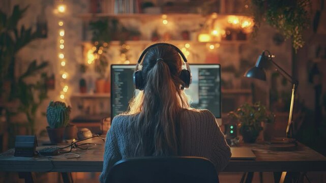 Digital Serenity: A woman immersed in her work at a desk bathed in the soft glow of a cozy, inviting workspace, headphones on, computer illuminated, suggesting a sanctuary of productivity.