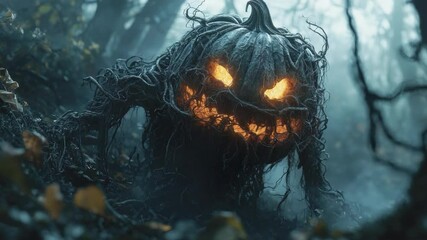 Spooky Pumpkin Creature: A captivating digitally enhanced illustration features a gnarled, monstrous pumpkin figure emerging from a misty, haunting forest, illuminated by an eerie internal glow.