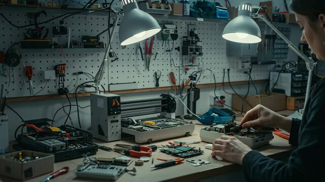 Focused technician repairing electronic circuit boards under workbench lights, showcasing precision, innovation, and hands-on engineering skills