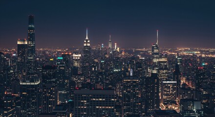 Obraz premium Night cityscape of skyscrapers illuminated against the skyline 