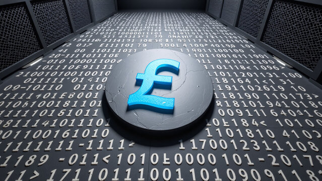 Digital Currency Britain Pound Symbol on Binary Code Data Flow Background Technological Innovation
