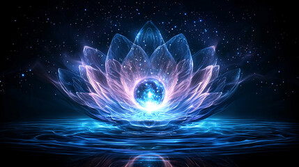 Enchanted Lotus Blossom Radiating Mystical Energy in a Starry Celestial Reflection