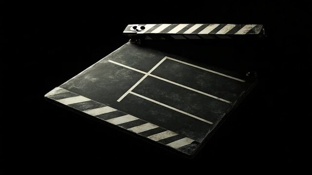Hand holding a clapperboard against a black background, ready to signal the start of a film scene
