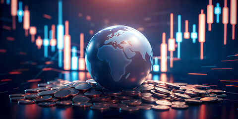 A striking representation of the complex world intertwined with finance and various investment metrics. An Earth globus lying on a pile of coins.