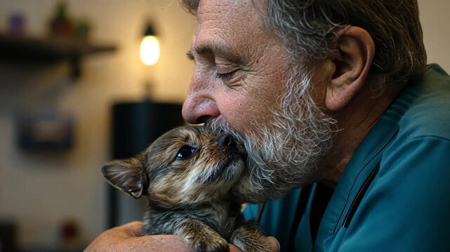 Man Affectionately Embraces A Small Dog In An Indoor Setting Capturing A Loving Moment