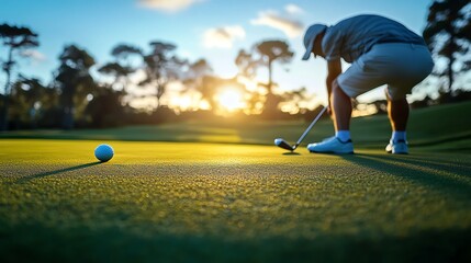 A golfer lining up a crucial putt extreme focus quiet