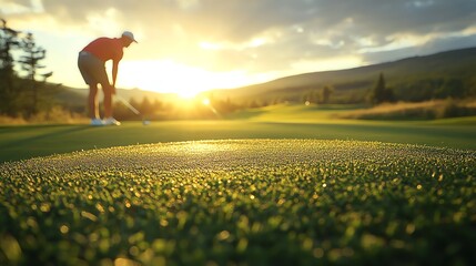 A golfer lining up a crucial putt extreme focus quiet
