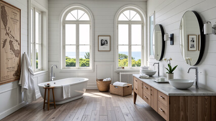 Serene Bathroom Retreat with Natural Light Wood Accents and Coastal Ambiance Interior Design