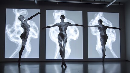 Three graceful figures in a contemporary dance performance.