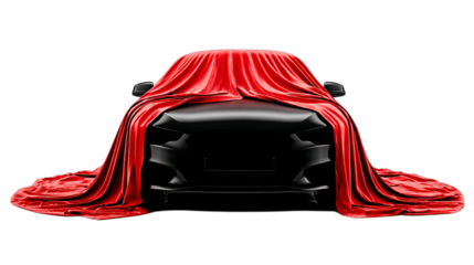 A sleek black car covered with a luxurious red cloth, poised for a grand reveal.