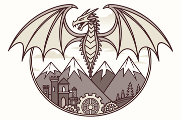 Fantasy Dragon & Castle Medieval Steampunk Illustration
