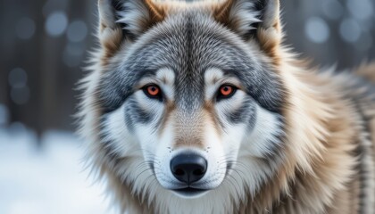 Wolf Portrait with Intense Orange Eyes in Winter Scene
