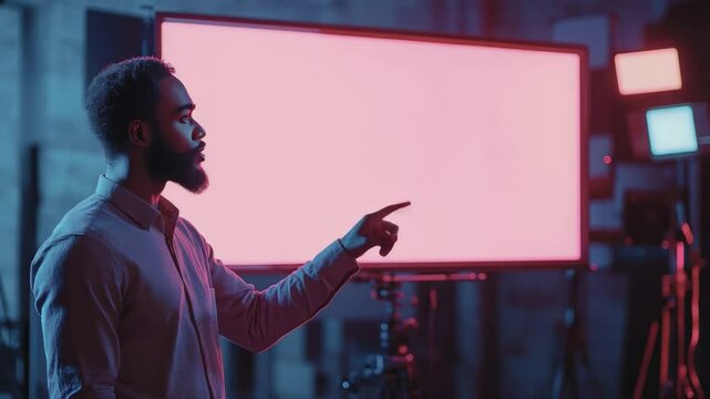 Digital Canvas: A focused individual, with a groomed beard, engages with a blank digital canvas. Surrounded by the soft glow of ambient studio lighting, he presents an image of precision and clarity.