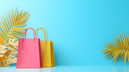 Stylish Pink And Yellow Shopping Bags With Gold Palm Leaves On Light Blue Background