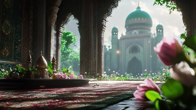 Ornate golden miniature mosque and flowers with a distant green domed temple in the background