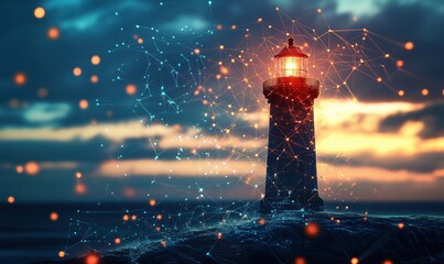 Obraz premium Lighthouse illuminated at sunset with digital network overlay and glowing connections