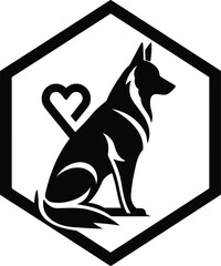 Fototapeta premium Vector Silhouette of a German Shepherd Dog Sitting Inside a Hexagonal Border with an Integrated Heart Shape, Representing Loyalty, Protection, and Love